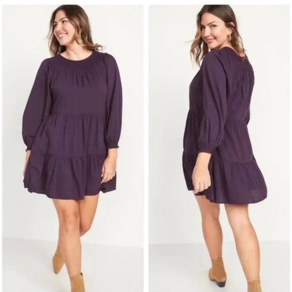 Old Navy Long Sleeve Tiered Smocked Embroidered Mini Swing Dress